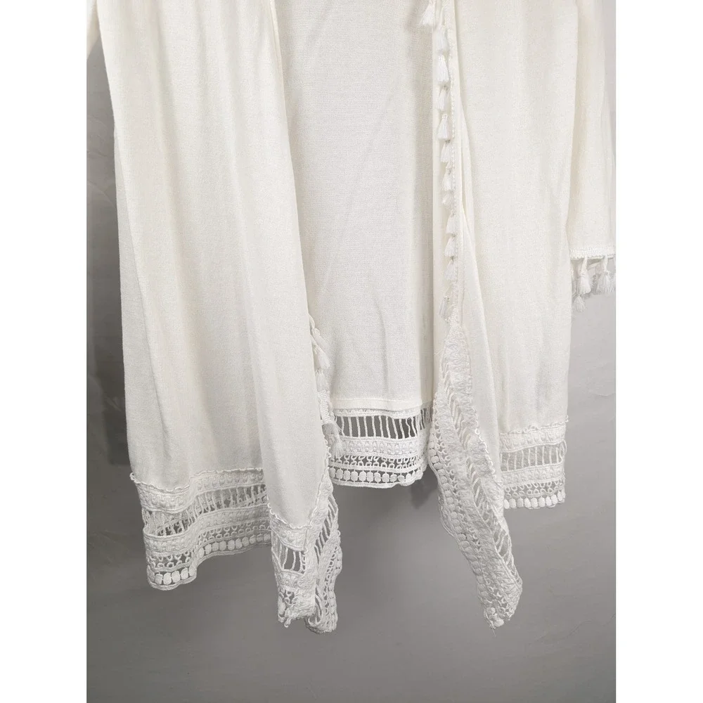 Boho Crochet Lace Tassel Fringe Open Cardigan Size S White Festival Beach Layer - Picture 4 of 9